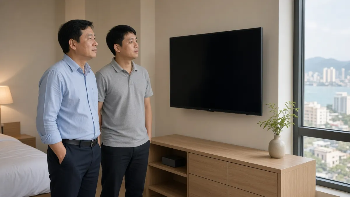 Chủ khách sạn và kỹ thuật viên xem xét TV treo tường trong phòng khách sạn hiện đại ven biển, thể hiện giá trị Hotel TV.