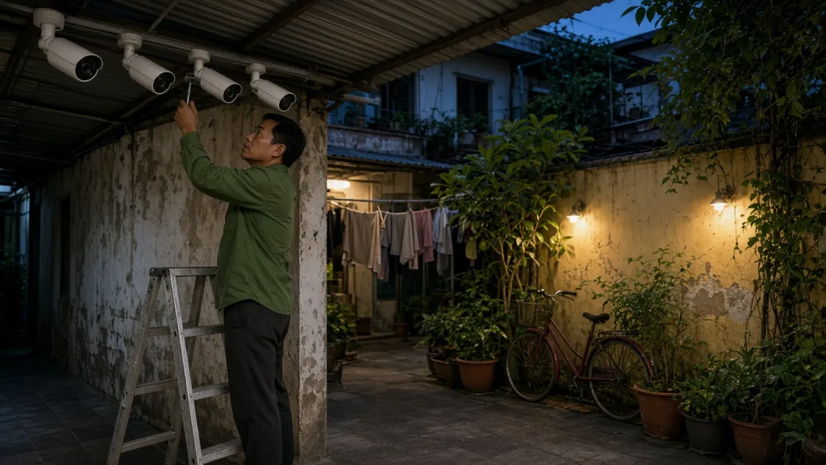 Kỹ thuật viên lắp nhiều camera hướng cùng sân homestay ban đêm, cây và đồ vật vẫn rõ màu để so sánh giám sát.