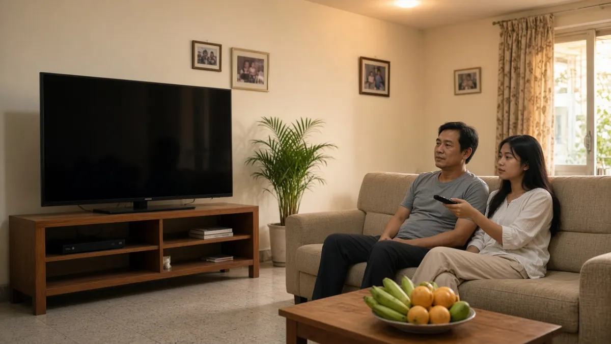 Cha và con gái ngồi sofa phòng khách, nhìn tivi màn hình phẳng mỏng trên kệ gỗ, màn hình tắt, ánh sáng ấm.
