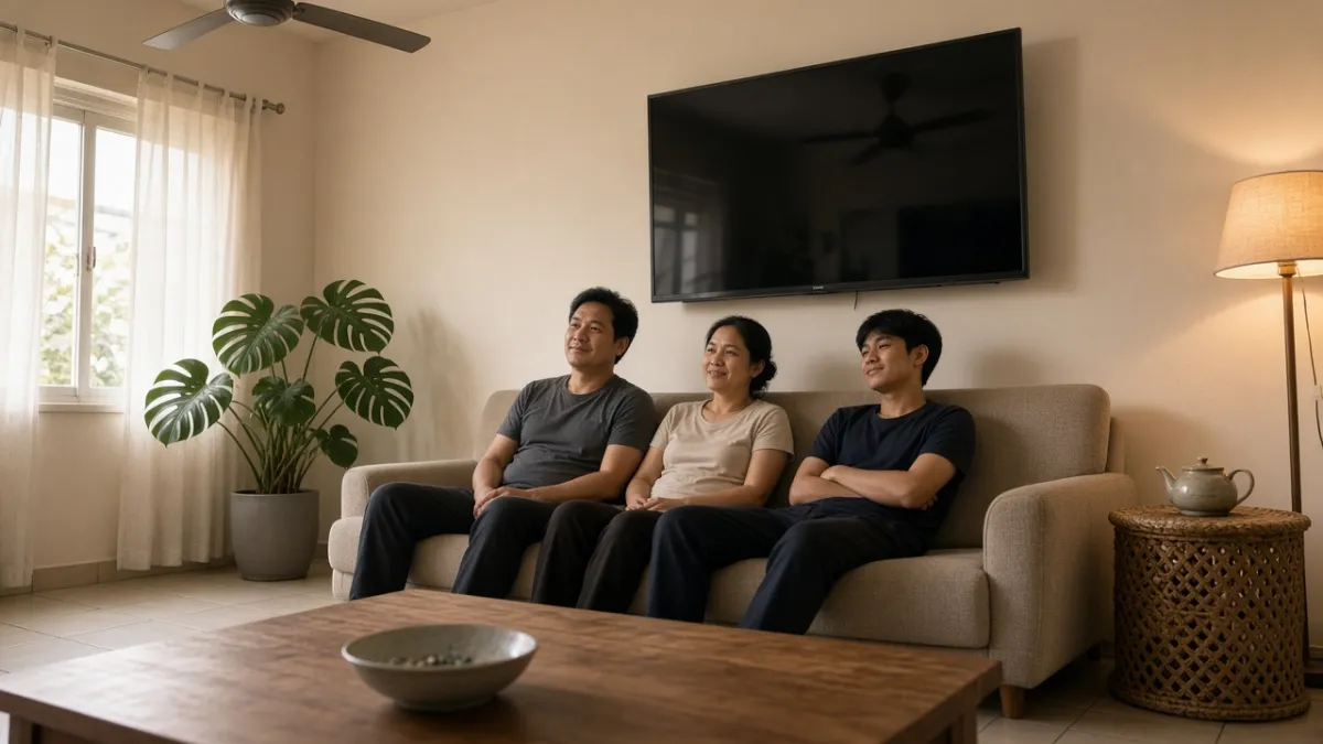 Gia đình Việt thư giãn trên sofa trong phòng khách, nhìn tivi treo tường màn hình tắt sau khi chọn mua tivi cũ giá tốt.