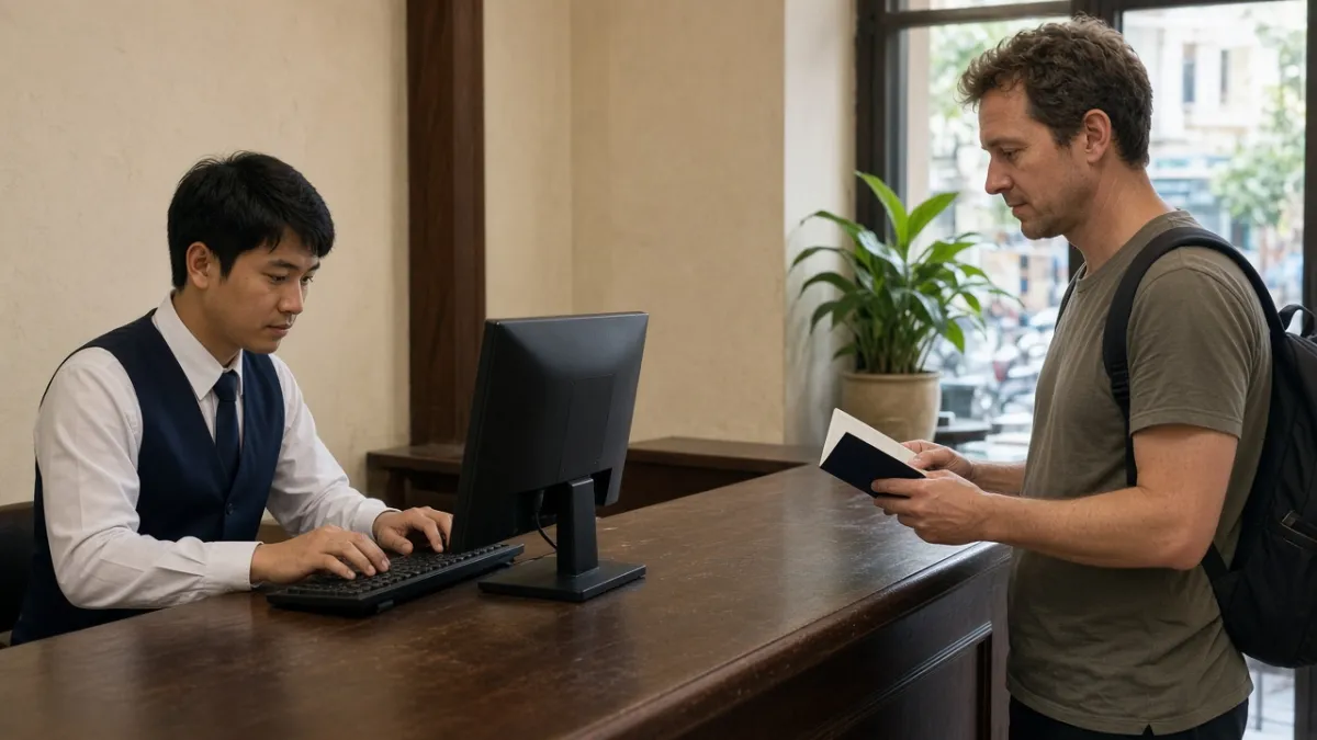 Lễ tân khách sạn nhập thông tin khách vào PMS khi check-in, khách nước ngoài cầm hộ chiếu chờ.