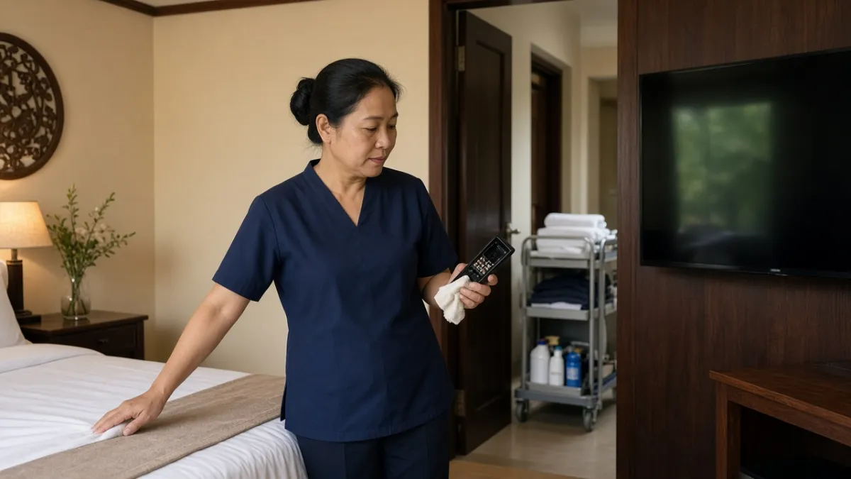 Nhân viên buồng phòng lau và kiểm tra remote TV khi dọn phòng khách sạn.