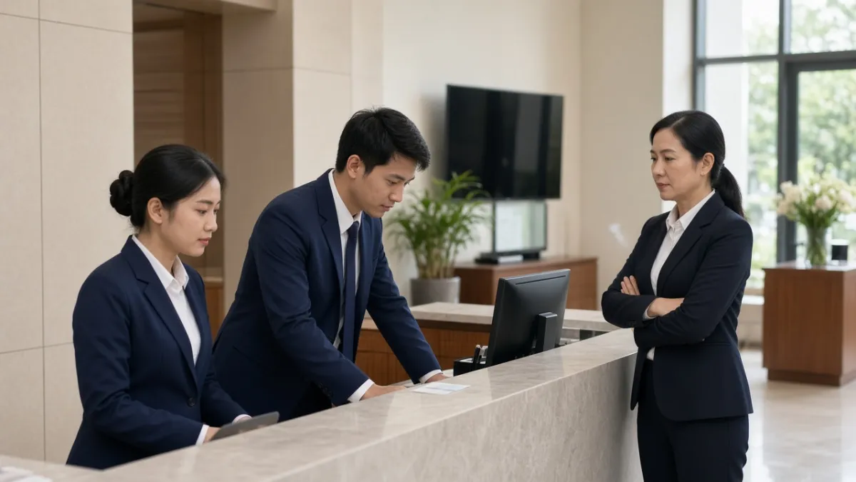 Sinh viên ngành quản trị khách sạn thực hành check-in tại quầy lễ tân, giảng viên quan sát.