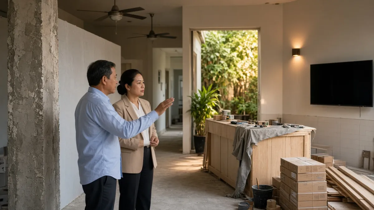 Hai người khảo sát tầng trệt khách sạn đang sửa chữa, trao đổi trước khi quyết định đầu tư lưu trú.