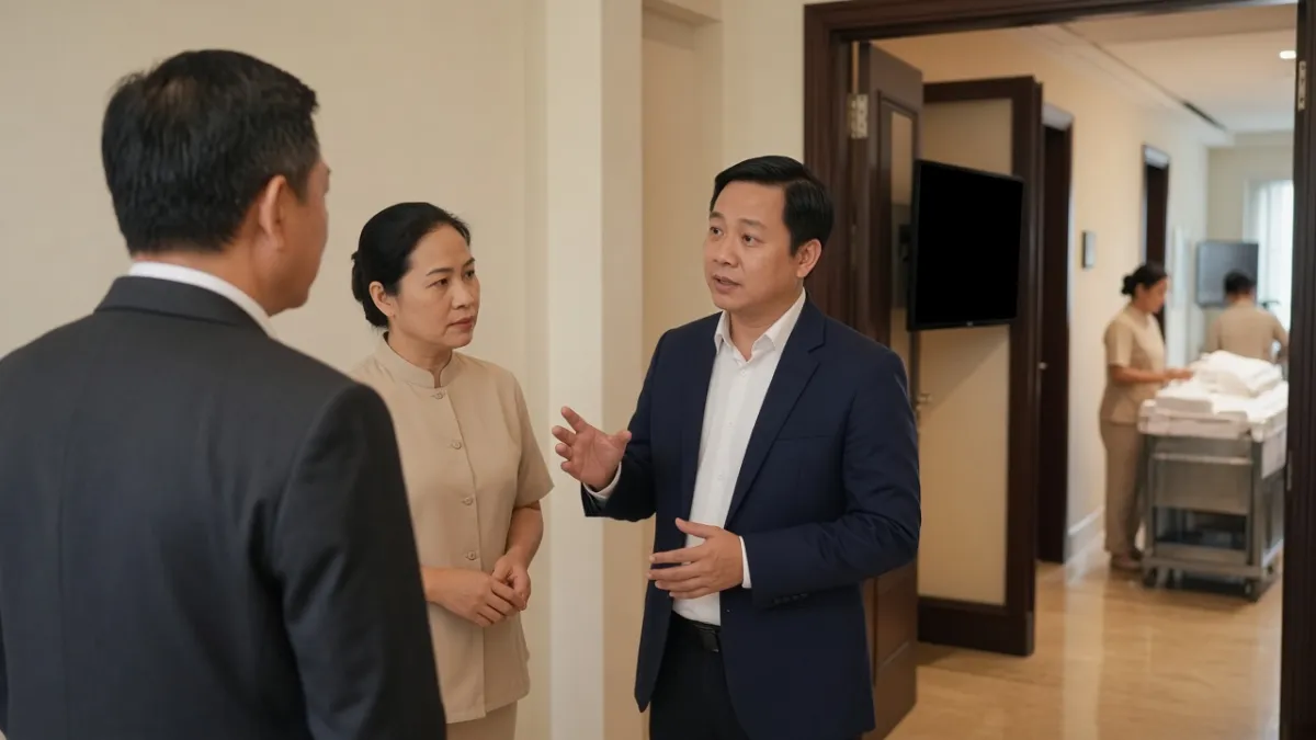 Phó tổng giám đốc khách sạn trao đổi với nhân viên trong hành lang nội bộ để điều phối hoạt động hàng ngày.