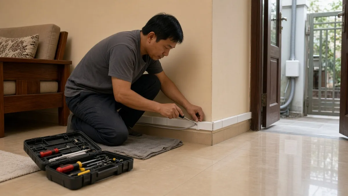 Kỹ thuật viên lắp gen nhựa sát chân tường phòng khách; cổng có ruột gà và hộp nối chống nước gọn.