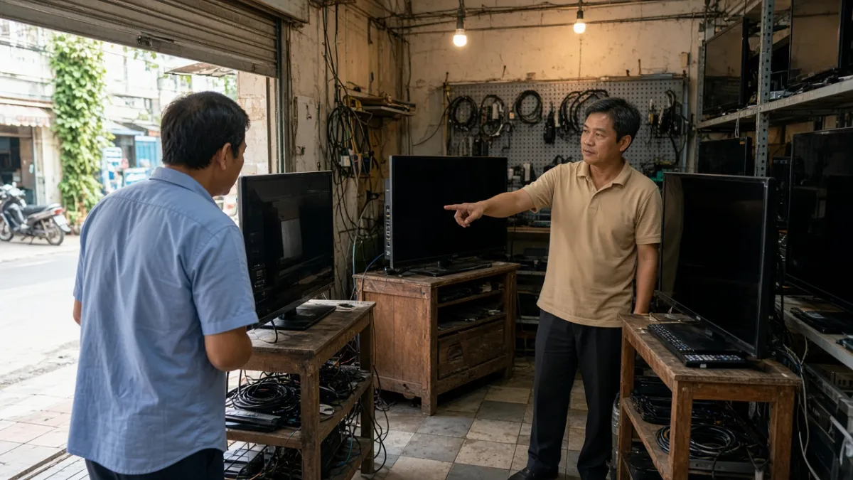 Khách xem và chọn tivi cũ trong cửa hàng điện tử, kệ xếp nhiều màn hình tắt.