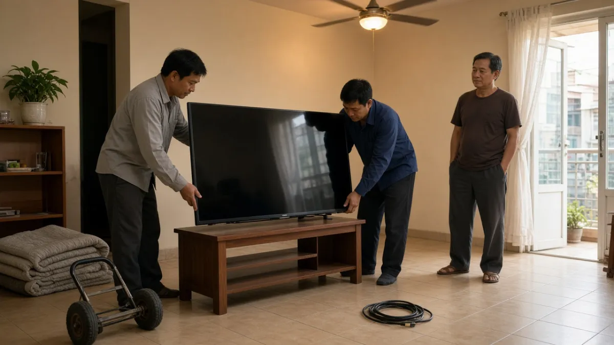 Nhân viên lắp tivi đã kiểm tra tại phòng khách nhà khách, hỗ trợ giao hàng và lắp đặt tận nơi.