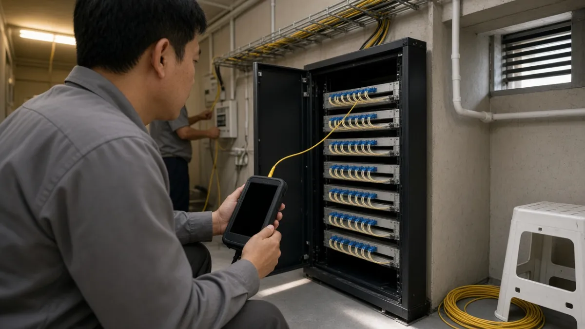 Kỹ thuật viên đo kiểm tuyến quang tại tủ ODF trong phòng viễn thông khách sạn trước khi báo giá thuê tuyến.