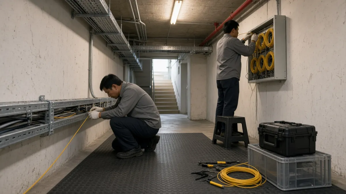Kỹ thuật viên thi công kéo và cố định cáp quang trên máng cáp trong hầm kỹ thuật khách sạn.