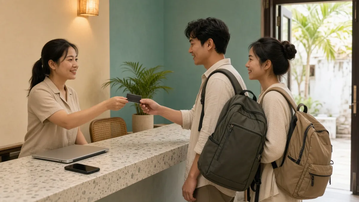 Lễ tân khách sạn ven biển trao thẻ phòng cho cặp khách check-in trực tiếp tại quầy sau triển khai marketing.