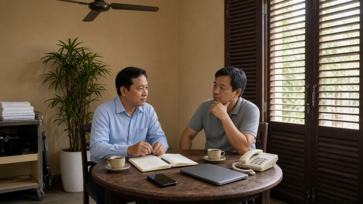 Hai người trao đổi tư vấn chiến lược marketing tại góc làm việc nhỏ trong khách sạn, bàn có điện thoại và sổ ghi chép.