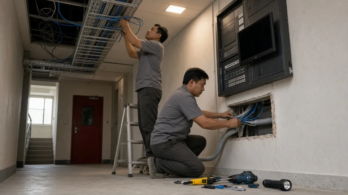 Hai kỹ thuật viên thi công và luồn dây cáp điện nhẹ ELV gọn trong máng cáp tại hành lang kỹ thuật khách sạn.