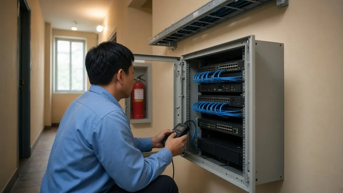 Kỹ thuật viên kiểm tra tủ rack và dây mạng điện nhẹ trong hành lang kỹ thuật khách sạn, minh họa bảo trì ELV định kỳ.