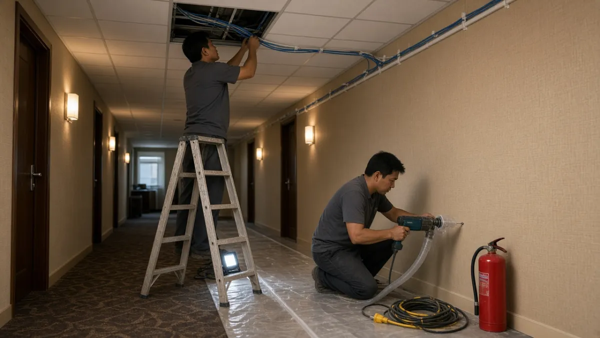 Kỹ thuật viên thi công mạng ban đêm trong hành lang khách sạn, luồn dây trần và khoan hút bụi, đi dây nổi an toàn.