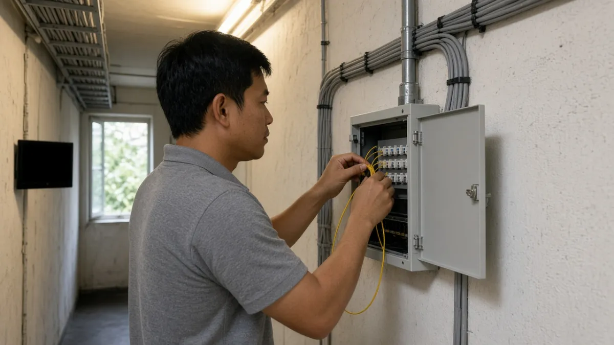 Kỹ thuật viên thi công cáp quang nội bộ trong hành lang kỹ thuật khách sạn, bên cạnh hệ cáp đồng cũ.