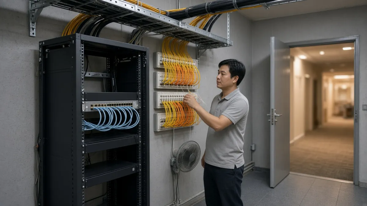 Kỹ thuật viên kiểm tra ODF và switch trong phòng kỹ thuật trung tâm, hệ quang backbone nối xuống tầng khách sạn.