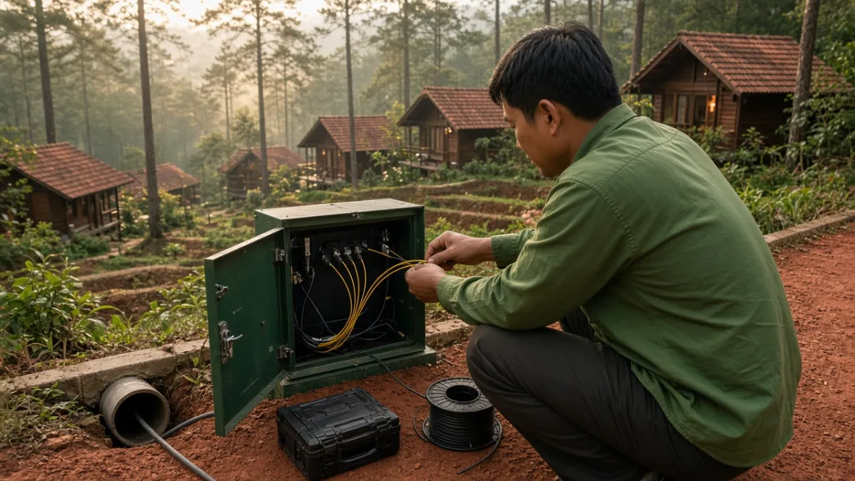 Kỹ thuật viên đấu nối cáp quang backbone tại hộp nối ngoài trời giữa các villa trong khu resort.