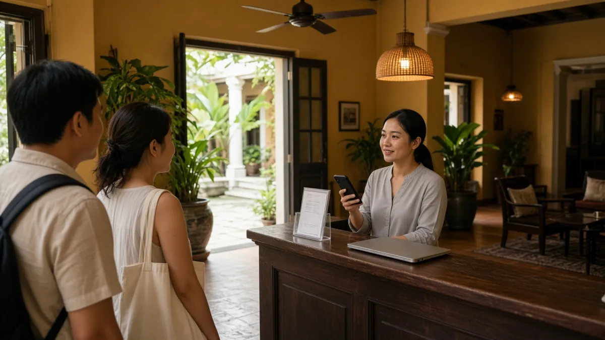 Nhân viên lễ tân cầm điện thoại tiếp đón khách tại quầy sảnh khách sạn, thể hiện tiếp cận khách qua kênh số gần gũi.