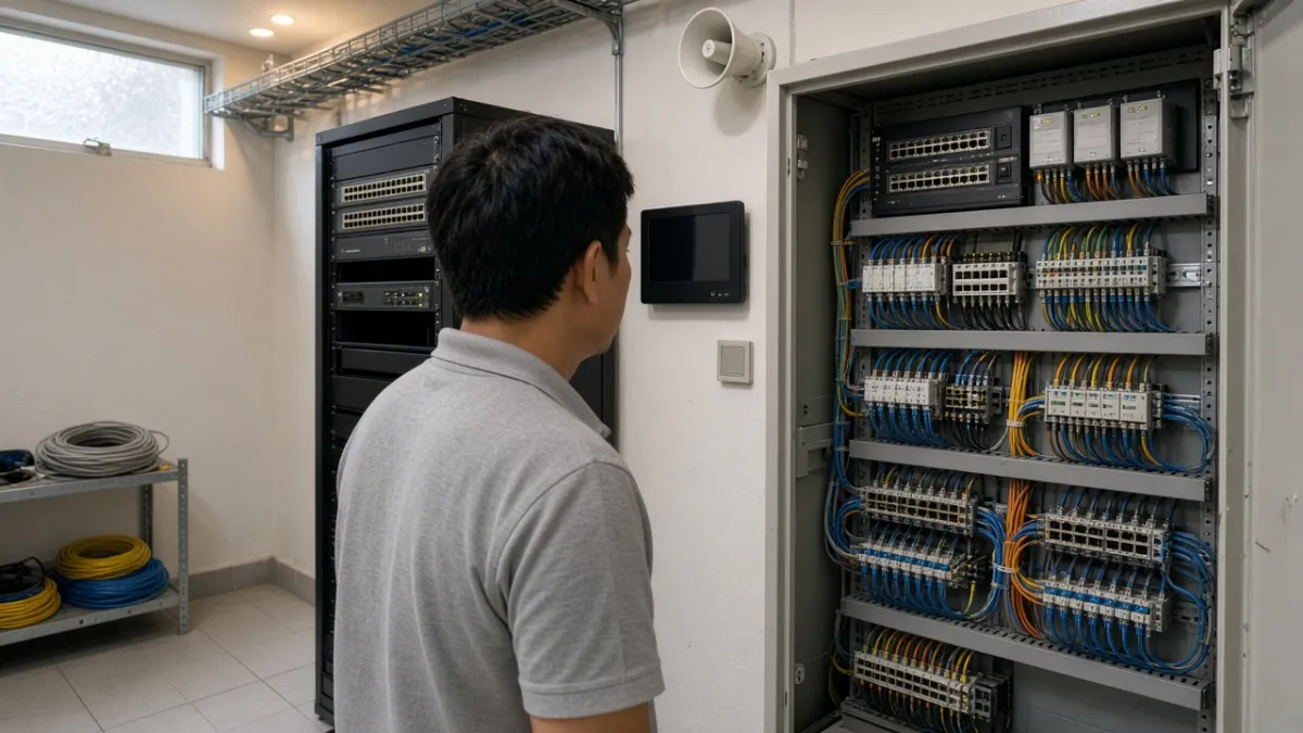 Kỹ thuật viên kiểm tra tủ cáp và rack thiết bị điện nhẹ tập trung trong phòng kỹ thuật khách sạn.