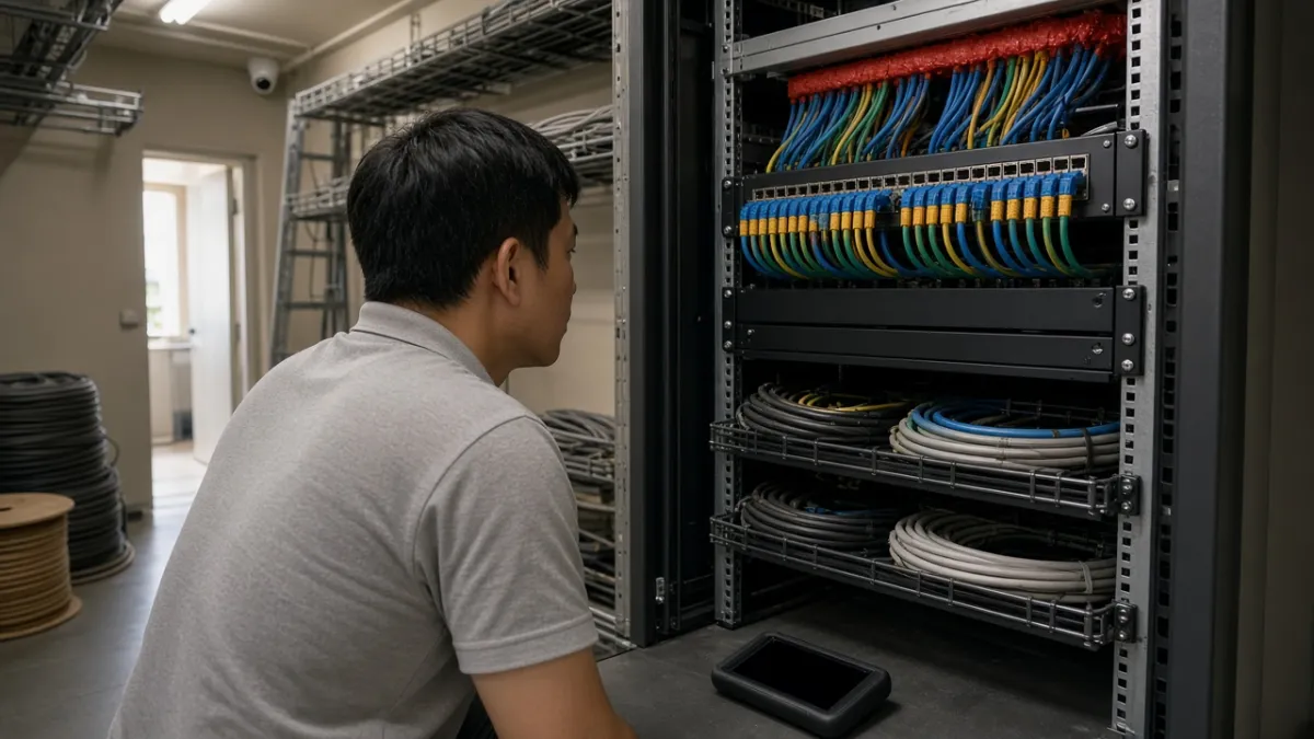 Kỹ thuật viên kiểm tra tủ rack cáp mạng và bảng đấu nối gọn gàng trong phòng kỹ thuật khách sạn.