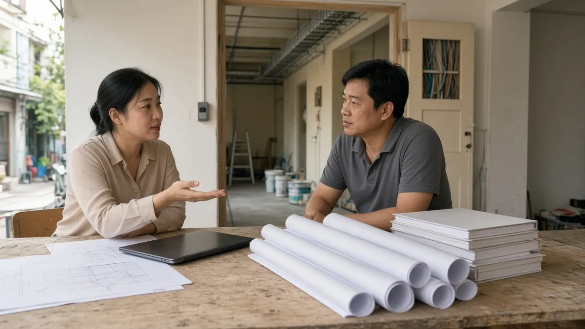 Chuyên gia và chủ dự khách sạn trao đổi bản vẽ ELV tại phòng hiện trường, hành lang kỹ thuật phía sau.