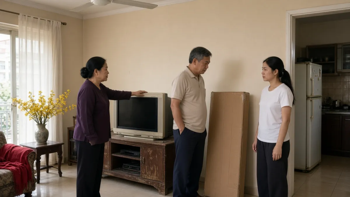 Gia đình ba người trong phòng khách bên tivi cũ và hộp máy mới, lọ hoa mai vàng chuẩn bị đón Tết.