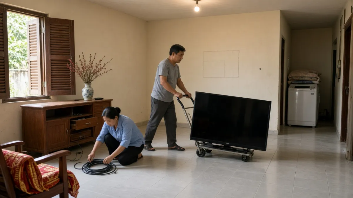 Vợ chồng dọn tivi và máy giặt cũ ra cửa sớm, phòng khách trống chỗ để sắm thiết bị mới trước Tết.