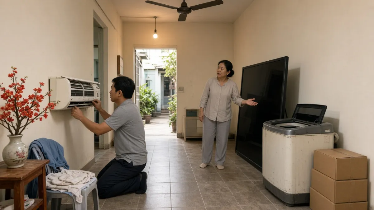 Chủ nhà và thợ khảo sát tivi, máy giặt, điều hòa cũ ngay tại nhà trong dịp dọn nhà cuối năm trước Tết.