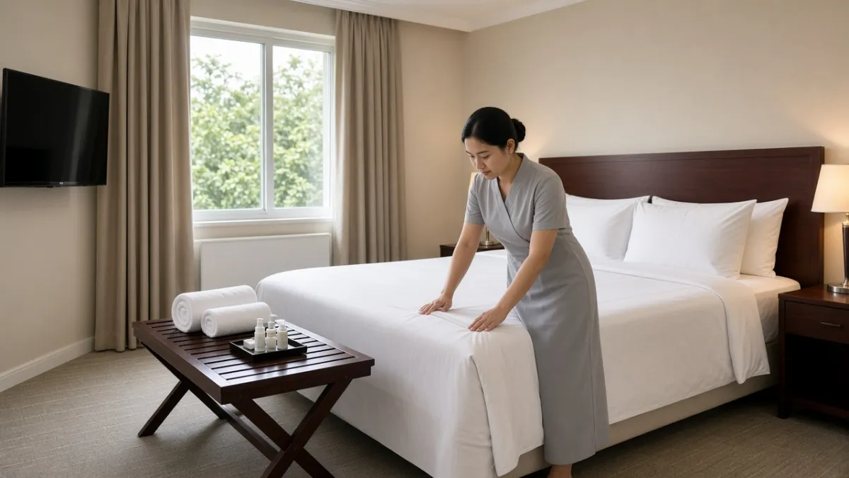 Nhân viên buồng phòng chỉnh ga gối trắng tinh và sắp xếp khăn gọn gàng trong phòng khách sạn sạch sẽ.