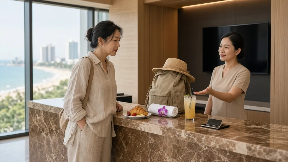 Khách lựa chọn linh hoạt bữa sáng, spa, tour và đồ uống chào mừng khi đặt phòng tại quầy lễ tân khách sạn.
