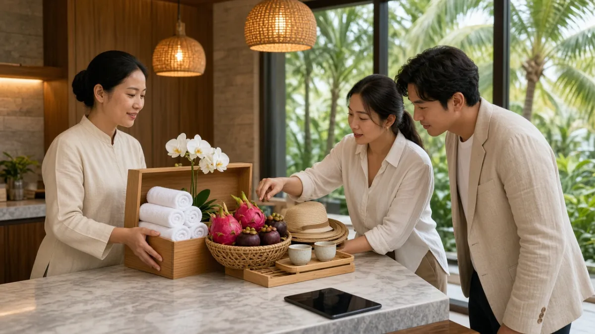 Nhân viên khách sạn giới thiệu hộp combo spa, trái cây và tour cho cặp khách tại quầy lễ tân.