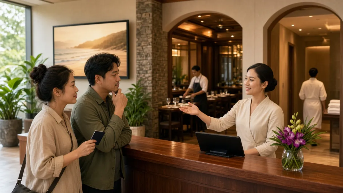 Lễ tân khách sạn hướng dẫn cặp khách chọn combo phòng và dịch vụ, phía sau là khu nhà hàng và spa.