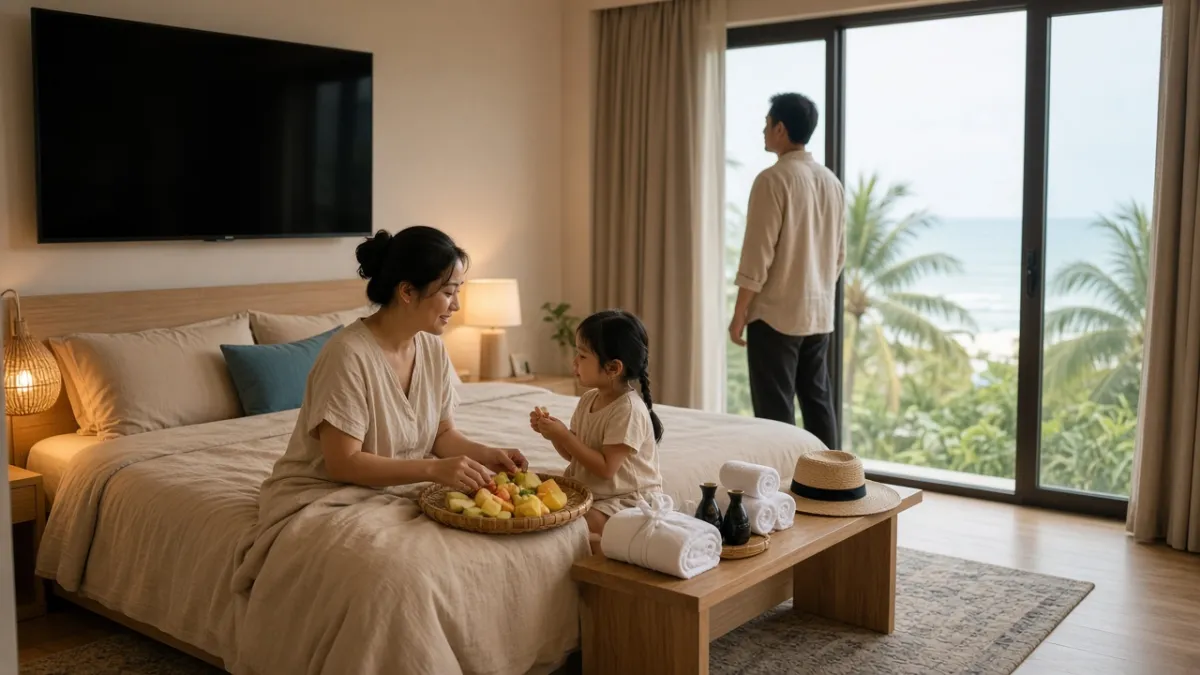 Gia đình Việt thư giãn trong phòng khách sạn ven biển với combo trái cây và tiện ích spa, thể hiện hành trình trọn gói.