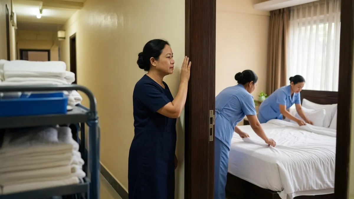 Giám sát trưởng buồng phòng theo dõi nhân viên căn chỉnh giường trong phòng, bên cạnh là xe đồ vệ sinh phòng.