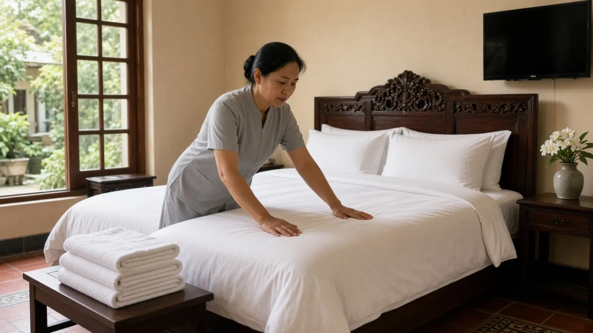 Quản lý buồng phòng kiểm tra và chỉnh ga gối trong phòng khách gọn gàng, ánh sáng tự nhiên.