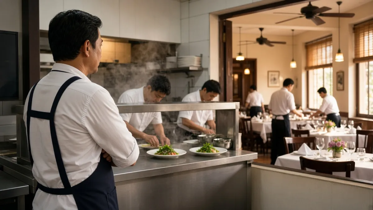 Giám đốc Ẩm thực quan sát đội bếp hoàn thiện món và nhân viên dọn bàn nhà hàng khách sạn trước giờ phục vụ.