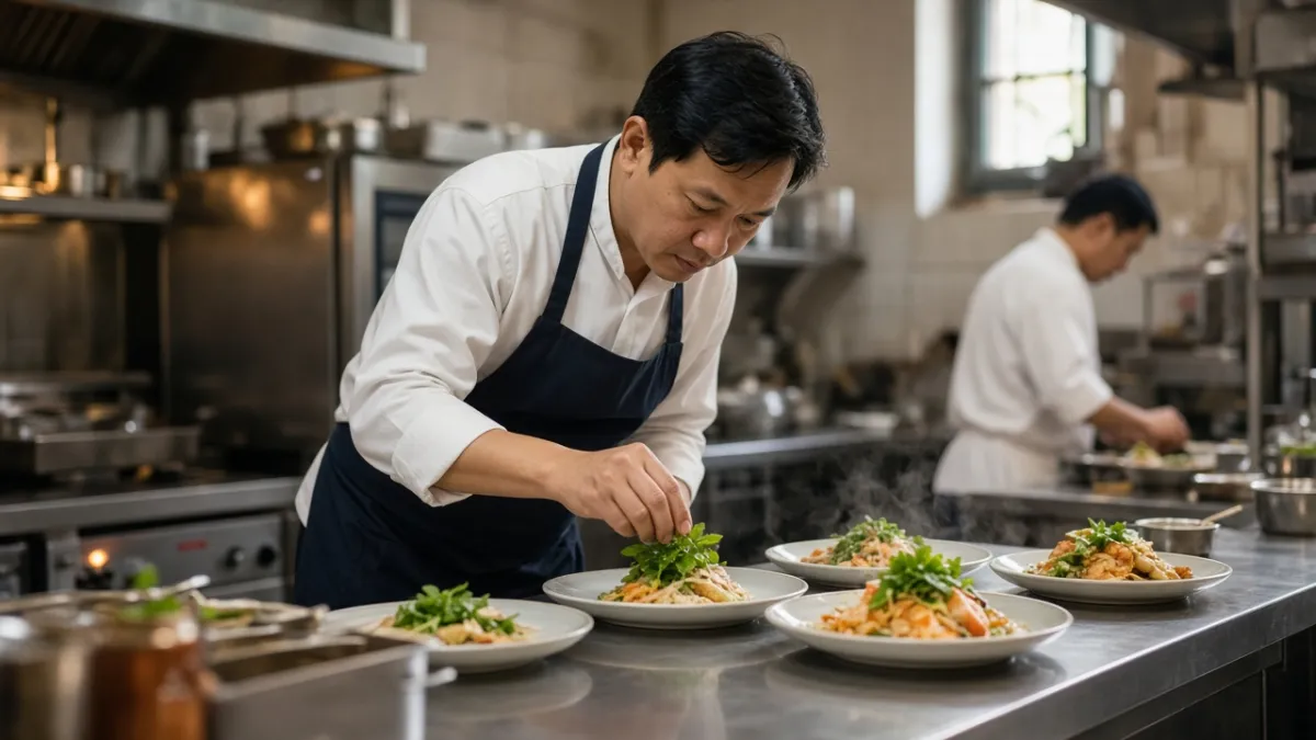 Quản lý F&B kiểm tra món ăn tại quầy bếp khách sạn trước giờ phục vụ, thể hiện đam mê nghề ẩm thực.