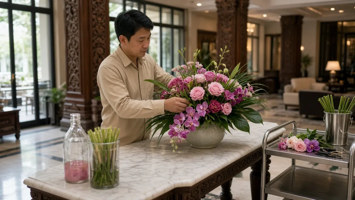 Nhân viên cắm hoa đang sắp hoa tươi cho bàn lễ tân trong sảnh khách sạn cao cấp.