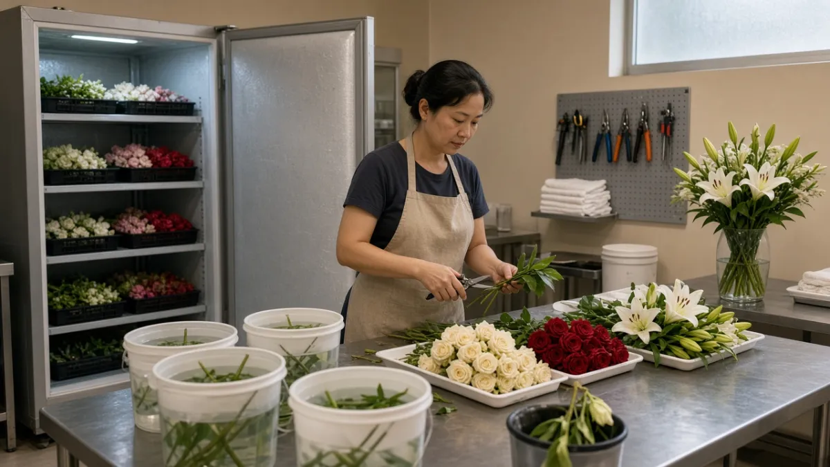 Nhân viên florist tỉa cắt gốc hoa, ngâm nước lạnh và phân loại trước khi đưa vào kho bảo quản.