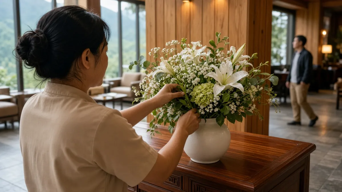 Đôi tay người cắm hoa khách sạn chỉnh bó hoa trên bàn sảnh, khách đi qua phía sau trong không gian ấm.