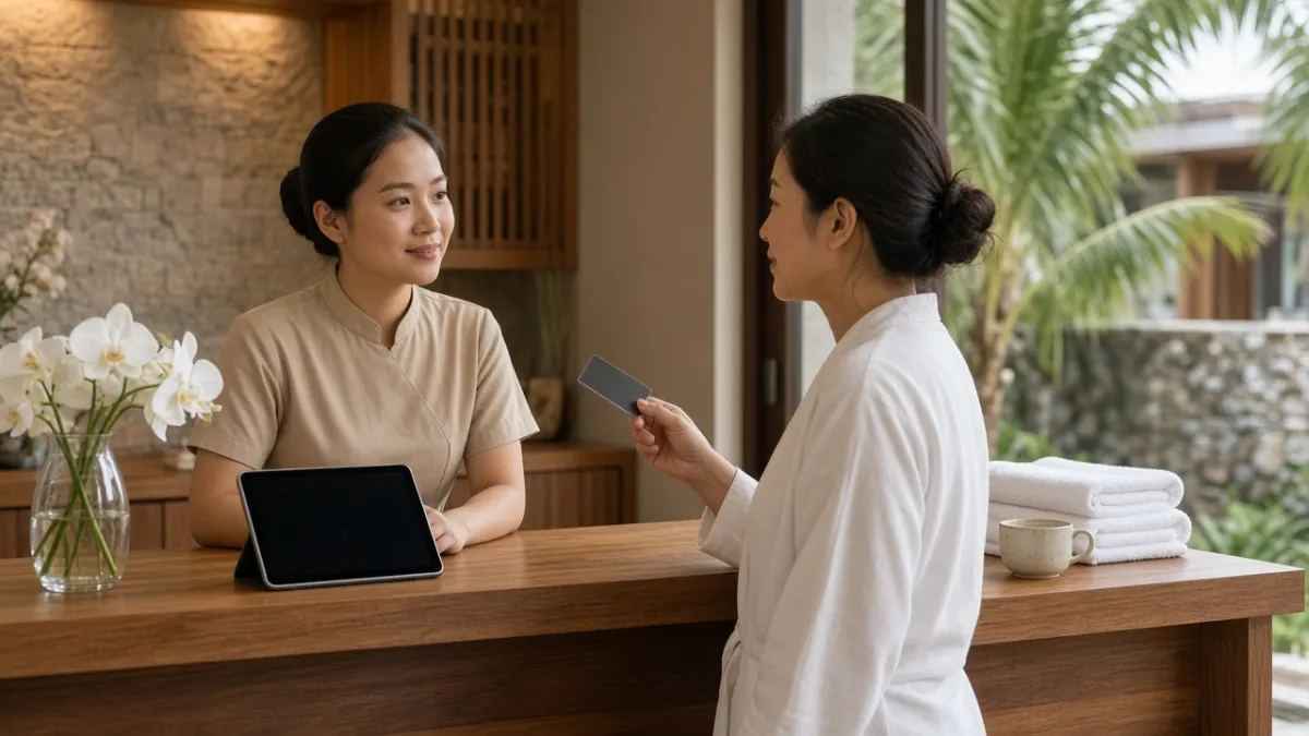 Nhân viên spa resort Đà Nẵng tiếp đón khách tại quầy lễ tân với máy tính bảng, minh họa đặt lịch và CRM.