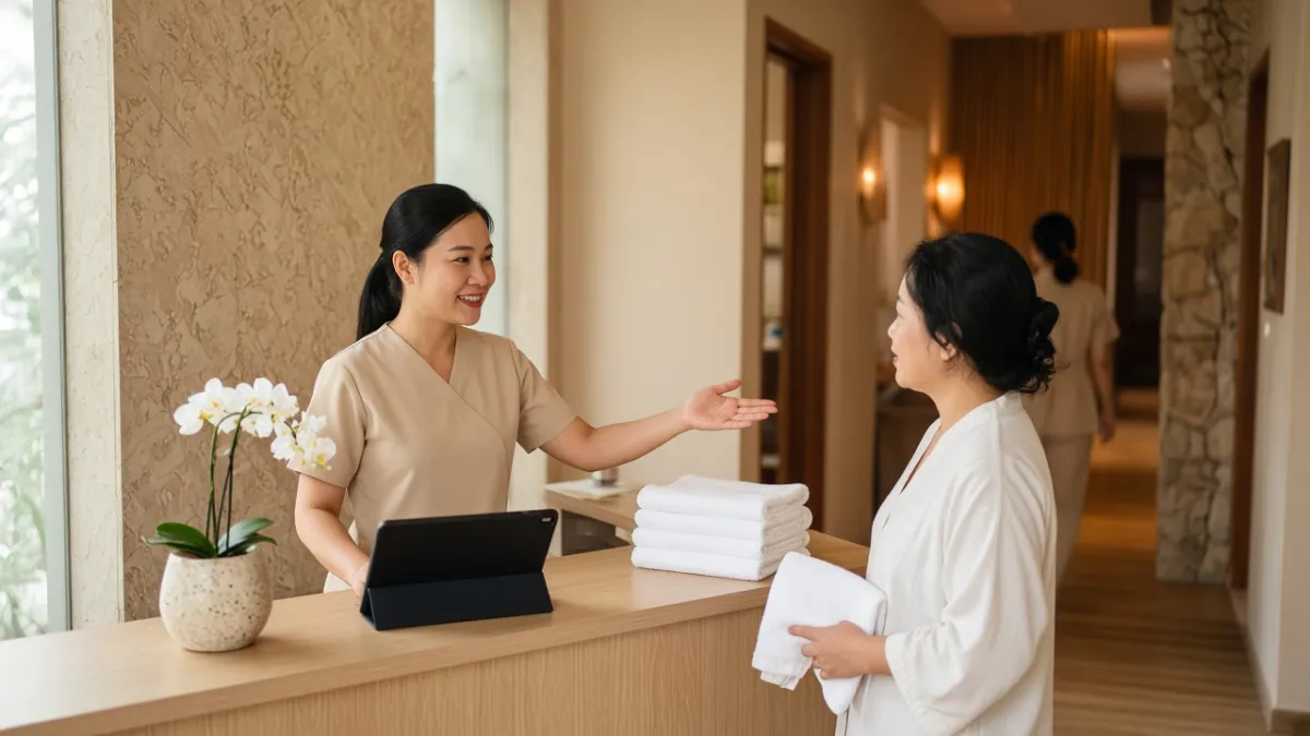 Lễ tân spa khách sạn tại Đà Nẵng tư vấn khách đặt lịch chăm sóc, thể hiện quy trình booking CRM gọn nhẹ.