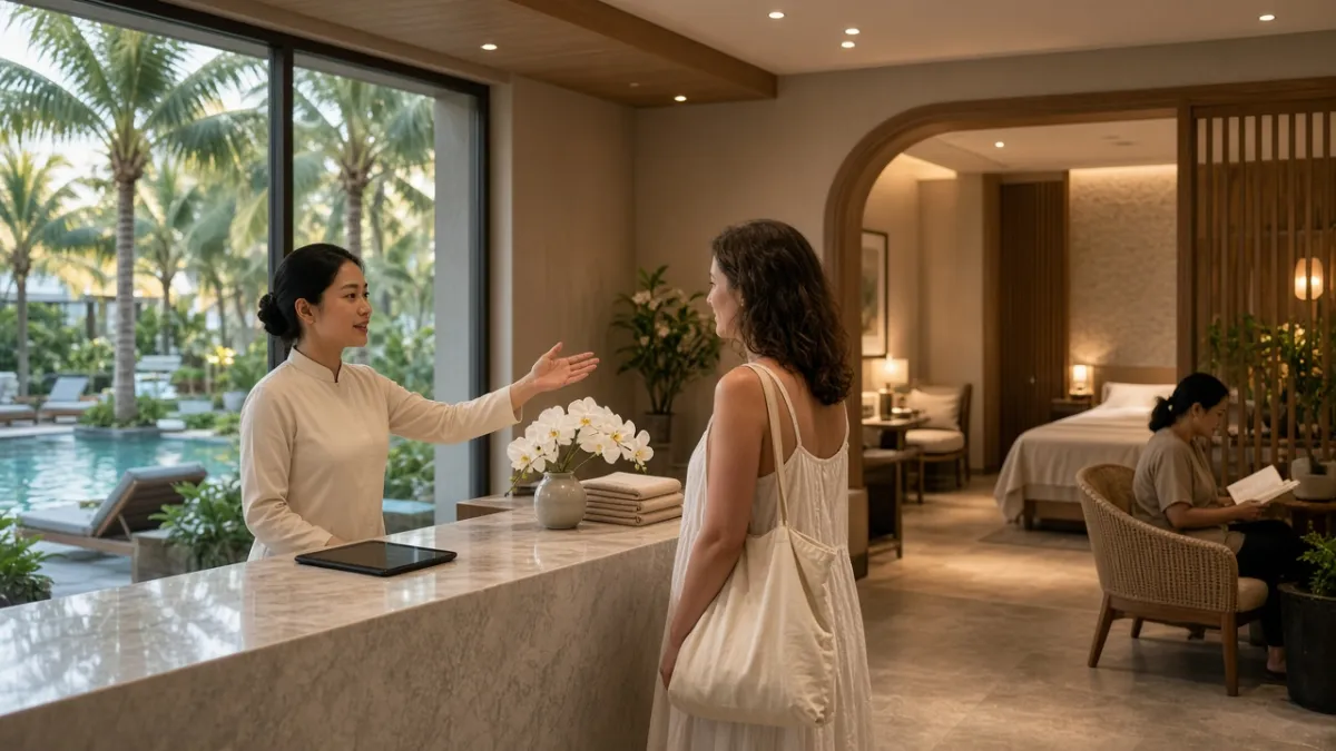 Lễ tân spa boutique khách sạn Đà Nẵng đón khách du lịch, không gian massage và nail chuyên nghiệp phía sau.