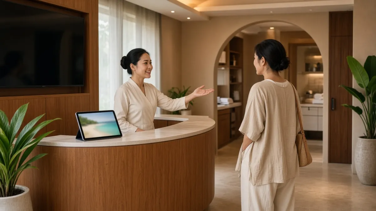 Nhân viên spa khách sạn resort Đà Nẵng tư vấn khách tại quầy lễ tân, thể hiện vận hành chuyên nghiệp.