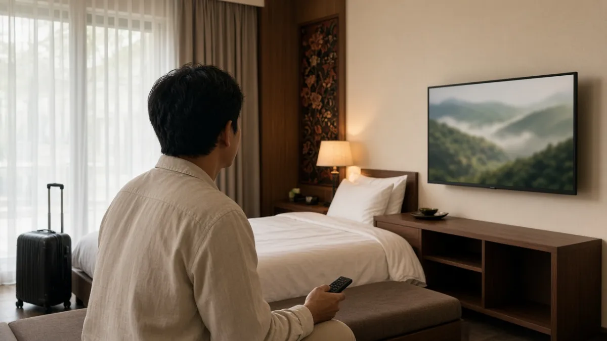 Khách vừa nhận phòng ngồi trên ghế, cầm remote hướng về TV treo tường trong phòng khách sạn cao cấp.