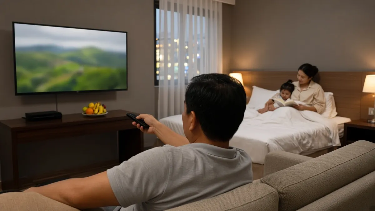 Phòng gia đình khách sạn: cha cầm remote hướng TV tường, mẹ và con trên giường; gợi ý thông báo, khuyến mãi theo phòng.