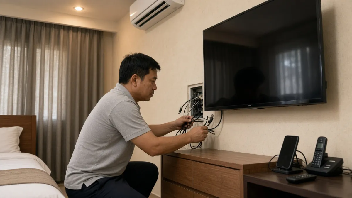 Nhân viên kỹ thuật kiểm tra dây cáp truyền hình sau vách phòng khách sạn, cạnh TV tắt và thiết bị điện tử.