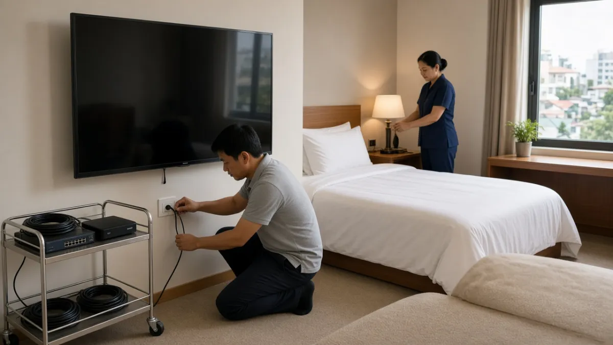 Kỹ thuật viên lắp tivi và hệ thống cáp trong phòng khách sạn mới trước ngày khai trương.