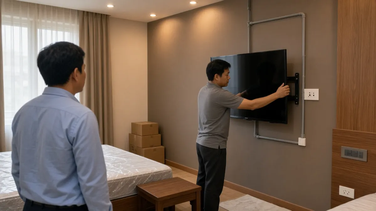 Kỹ thuật viên lắp TV và đường cáp trong phòng khách sạn sắp khai trương, chủ cơ sở giám sát thi công.
